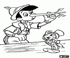 Coloriage Pinocchio avec un long nez � cause de son grand nombre de mensonges � c�t� de son ami et conseiller Jiminy Cricket