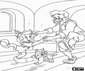 Coloriage Pinocchio et Geppetto en dansant heureux de c�l�brer ce Pinocchio est un vrai petit gar�on