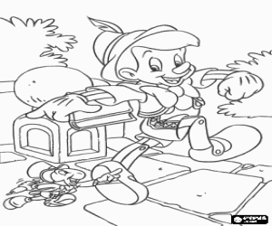Coloriage Pinocchio, heureux, se rendait � pied � l'�cole avec Jiminy Cricket
