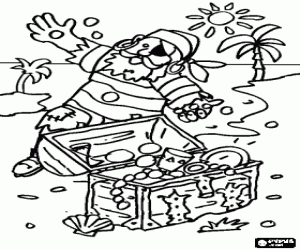 Coloriage Pirate avec un oeil couvert tr�s heureux en jouant avec quelques pi�ces d'or du coffre du tr�sor