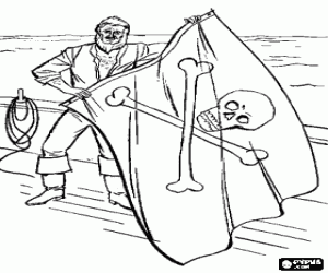 Coloriage Pirate barbu � bord du navire pr�t � hisser le drapeau avec le cr�ne
