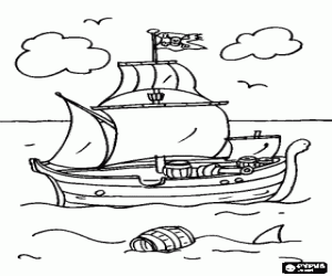 Coloriage Pirate navire naviguant en haute mer avec un requin autour