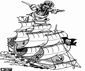 Coloriage Pirate navire naviguant sous voiles avec le capitaine � le poste d'observation