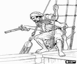 Coloriage Pirates avec des armes et pr�ts � attaquer et � bord d'un bateau