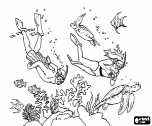 Coloriage Plongeurs pratiquant de la plong�e libre ou du poumon sur les fonds marins