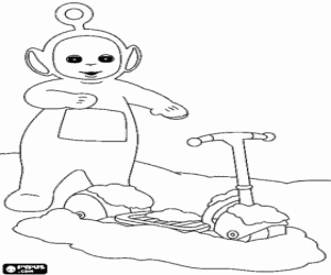 Coloriage Po jouant avec son trottinette dans la neige
