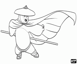 Coloriage Po, le ours panda star du Kung Fu Panda, avec son chapeau, cape et un long b�ton