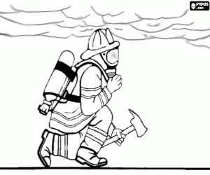 Coloriage Pompier avec masque, r�servoir d'oxyg�ne et la hache marchant blotti sous l'�paisse fum�e d'un incendie