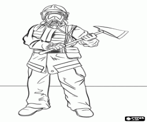 Coloriage Pompier avec un casque, un masque et d'une hache pr�t pour l'action