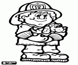 Coloriage Pompier avec un chien dans ses bras