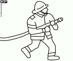 Coloriage Pompier courant et �tirant d'un tuyau pour s'�teindre un incendie