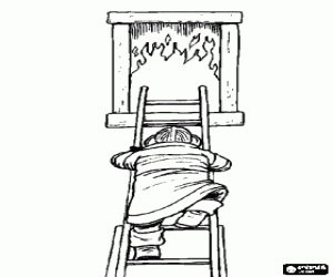 Coloriage Pompier d'escalade d'une �chelle coulissante pour entrer par la fen�tre dans un immeuble o� un incendie