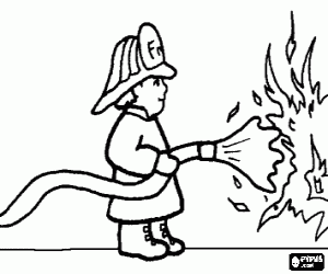 Coloriage Pompier en action avec le tuyau en �teignant un incendie