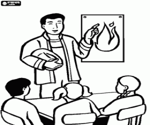 Coloriage Pompier expliquant comment agir en cas d'incendie dans une �cole