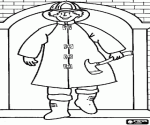 Coloriage Pompier sortant d'un b�timent avec la hache � la main