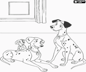 Coloriage Pongo et Perdita dans son maison avec une de leurs petits