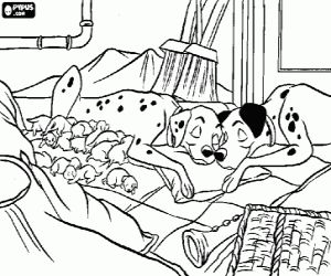 Coloriage Pongo et Perdita dormint tranquillement � c�t� de leur nouveau-n� chiots dalmatien