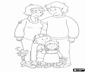 Coloriage Portrait de famille du Caillou, sa petite s�ur Rosie, son p�re Boris, sa m�re Doris et Gilbert le chat