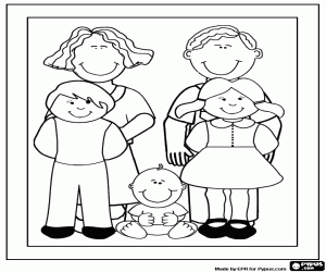 Coloriage Portrait encadr� d'une famille, les parents et trois enfants