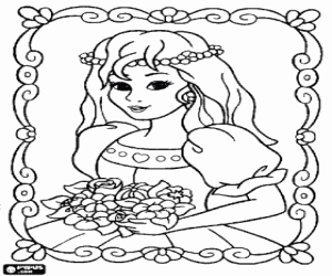 Coloriage Portrait encadr� de la princesse avec une couronne et un bouquet de fleurs dans les mains