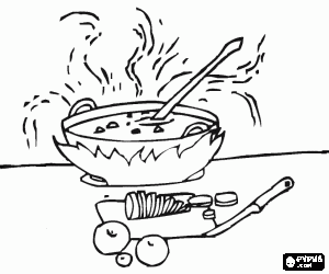Coloriage Pot de soupe dans le feu de la cuisine