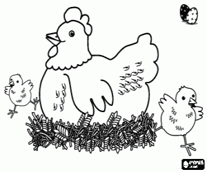 Coloriage Poule et de deux poussins de P�ques