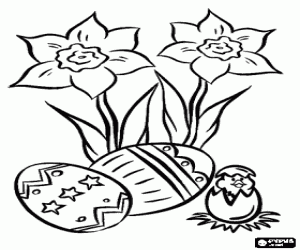Coloriage Poussin sortant d'un oeuf � proximit� de certaines des fleurs et des �ufs de P�ques