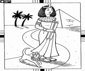 Coloriage Pr�s d'une pyramide et unes palmes Cl�op�tre se promener avec son chat, ce qui repr�sente la d�esse Bastet, avec leurs coiffures en forme de serpent ou asp