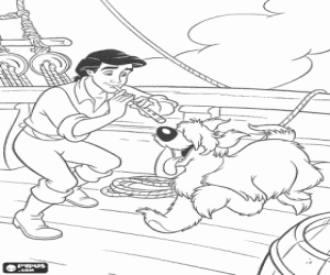 Coloriage Prince Eric jouant avec son chien Max sur le navire