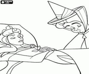 Coloriage Princesse Aurora comme morte par la mal�diction de la mauvaise f�e, accompagn�e par une bonne f�e