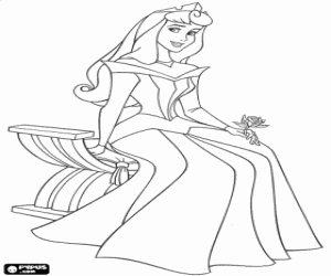 Coloriage Princesse Aurora compl�tement heureux avec sa tiare et une rose � la main