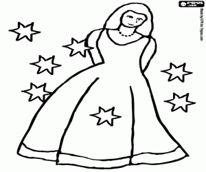 Coloriage Princesse avec une longue robe et entour� par les �toiles