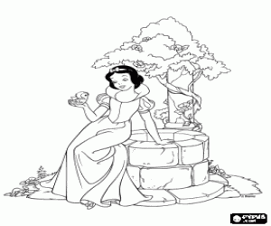 Coloriage Princesse Blanche-Neige assis � c�t� d'un puits et un oiseau dans la main