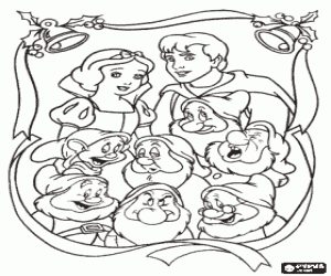 Coloriage Princesse Blanche-Niege, le Prince et les sept nains encadr�e avec des d�corations de No�l