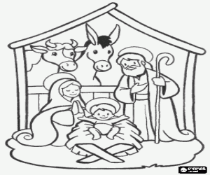 Coloriage Principale sc�ne de la Nativit� avec la Sainte Famille dans une grange avec le b�uf et le mulet
