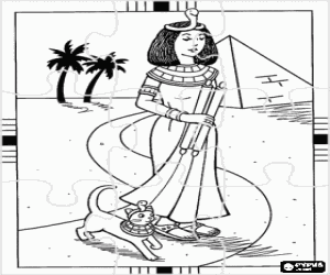 Coloriage Puzzle d'�gypte antique -Pr�s d'une pyramide et unes palmes Cl�op�tre se promener avec son chat, ce qui repr�sente la d�esse Bastet, avec leurs coiffures en forme de serpent ou asp