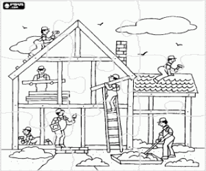 Coloriage Puzzle d'une maison en construction, avec diff�rents op�rateurs travailant