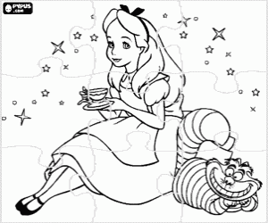 Coloriage Puzzle de Alice avec une tasse de th� et le chat magique � ses c�t�s - Puzzle de Alice au pays des merveilles