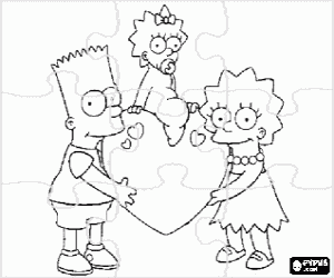 Coloriage Puzzle de Bart et Lisa, les fr�res plus grands, levant � la petite Magie sur un coeur