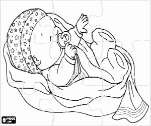 Coloriage Puzzle de B�b� entour� dans une couverture avec chapeau et suceant la t�tine, tototte ou le sucer