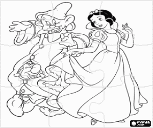 Coloriage Puzzle de Blanche-Neige dansant avec deux des nains, Joyeux et Simplet