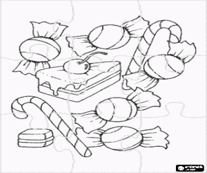 Coloriage Puzzle de bonbons, bonbons de b�tons et un morceau de g�teau