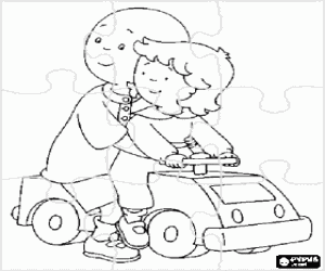 Coloriage Puzzle de Caillou mont� sur une petite voiture jouet avec sa s�ur Mousseline