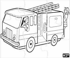 Coloriage Puzzle de camion de pompiers avec des personnes