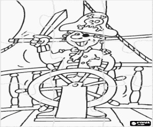 Coloriage Puzzle de capitaine pirate � la barre de son bateau avec son chapeau, l'oeil le couvercle et l'�p�e � la main