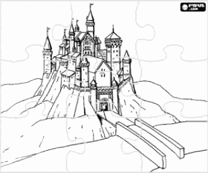 Coloriage Puzzle de ch�teau avec un pont sur la rivi�re et pont-levis ouvert