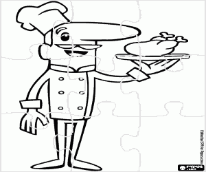 Coloriage Puzzle de Chef ou cuisinier avec le plateau avec le poulet dans le restaurant