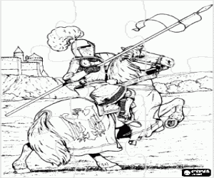 Coloriage Puzzle de chevalier dans l'armure du tissu de l'acier et un casque avec la lance � la main sur un cheval � proximit� d'un ch�teau 