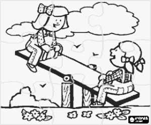 Coloriage Puzzle de Deux jeunes filles jouant avec un tape-cul dans le parc