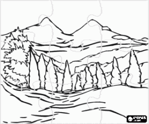 Coloriage Puzzle de deux montagnes avec un premier plan d'arbres
